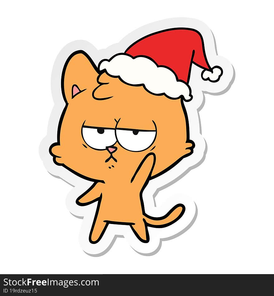 bored sticker cartoon of a cat wearing santa hat