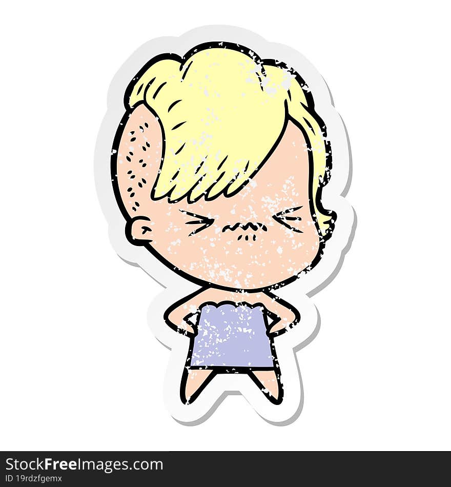 distressed sticker of a cartoon annoyed hipster girl