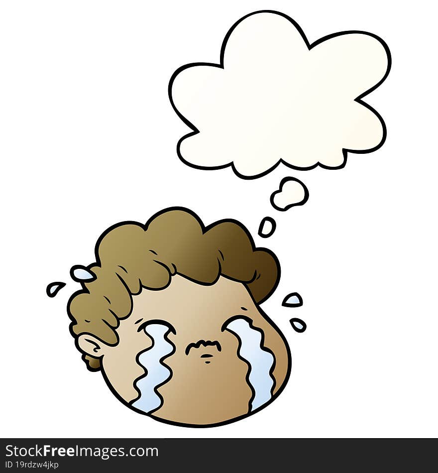 cartoon crying boy with thought bubble in smooth gradient style