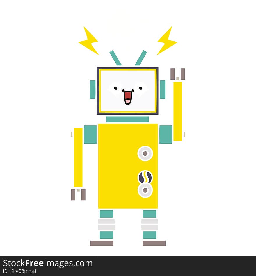 flat color retro cartoon of a happy robot