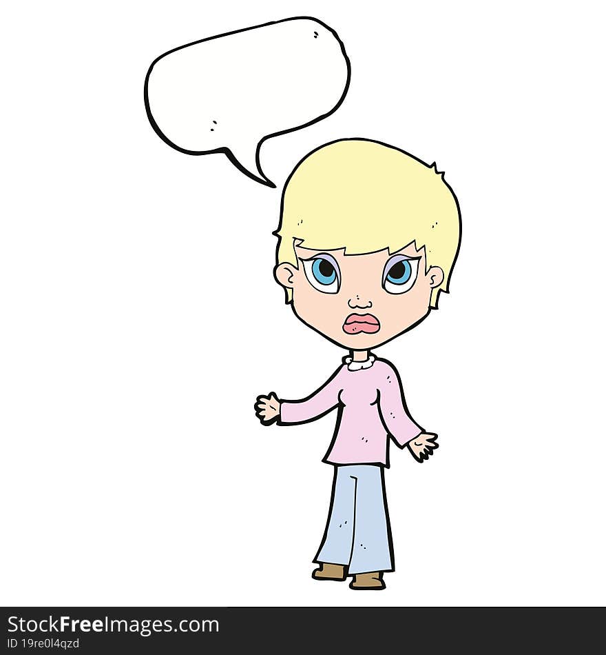 cartoon woman shrugging shoulders with speech bubble