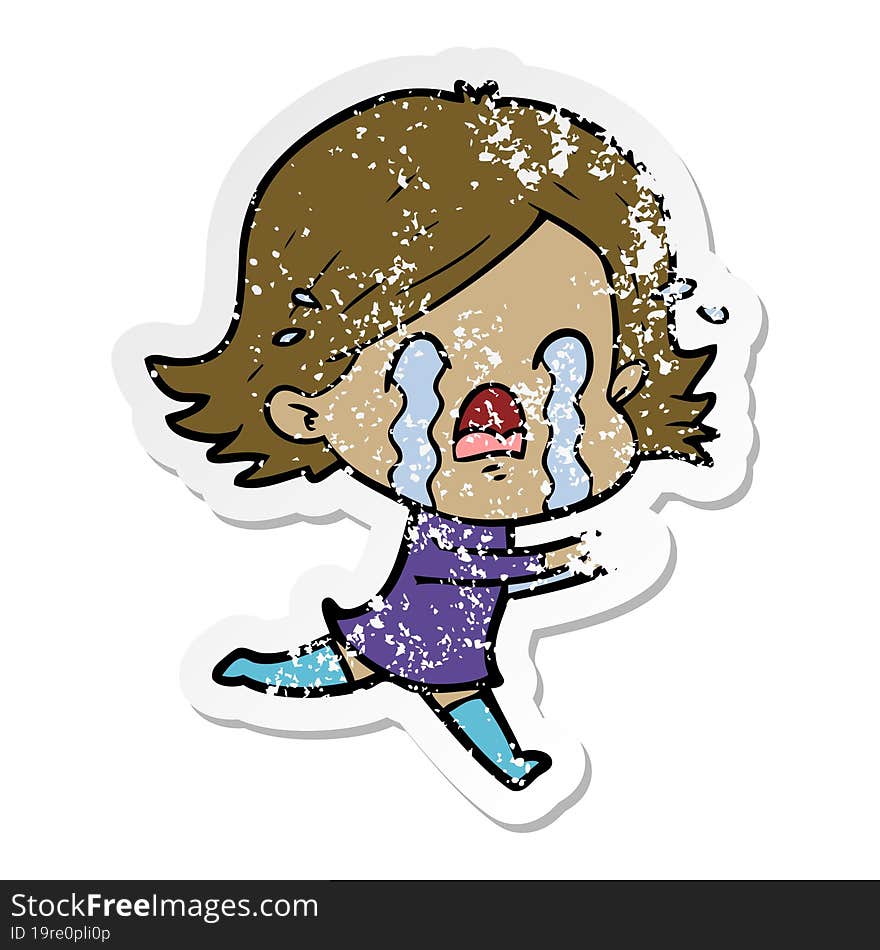 distressed sticker of a cartoon woman crying