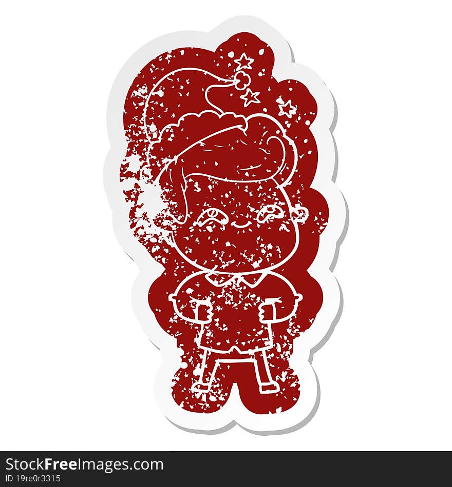 cartoon distressed sticker of a excited man wearing santa hat