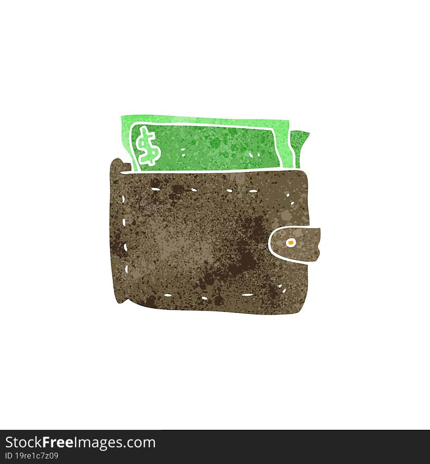 freehand retro cartoon wallet full of money