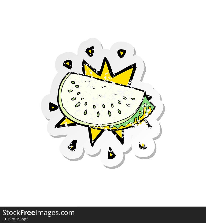 retro distressed sticker of a cartoon melon slice