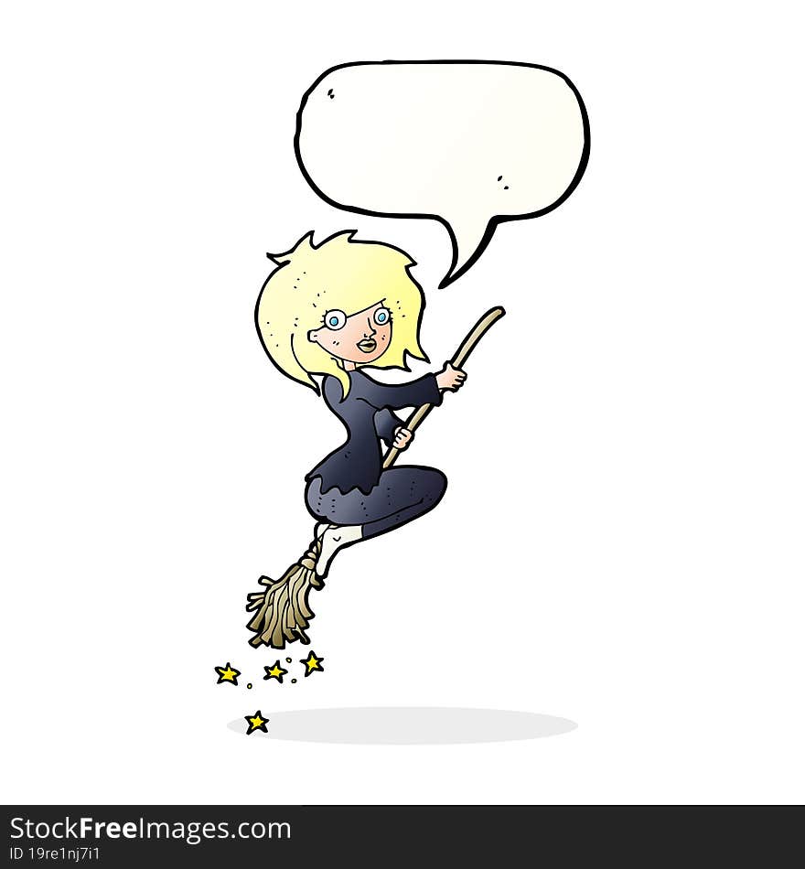 cartoon witch riding broomstick with speech bubble