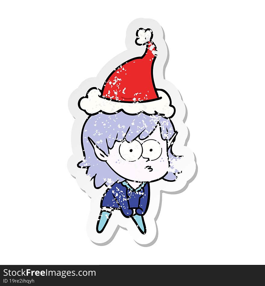 distressed sticker cartoon of a elf girl staring and crouching wearing santa hat