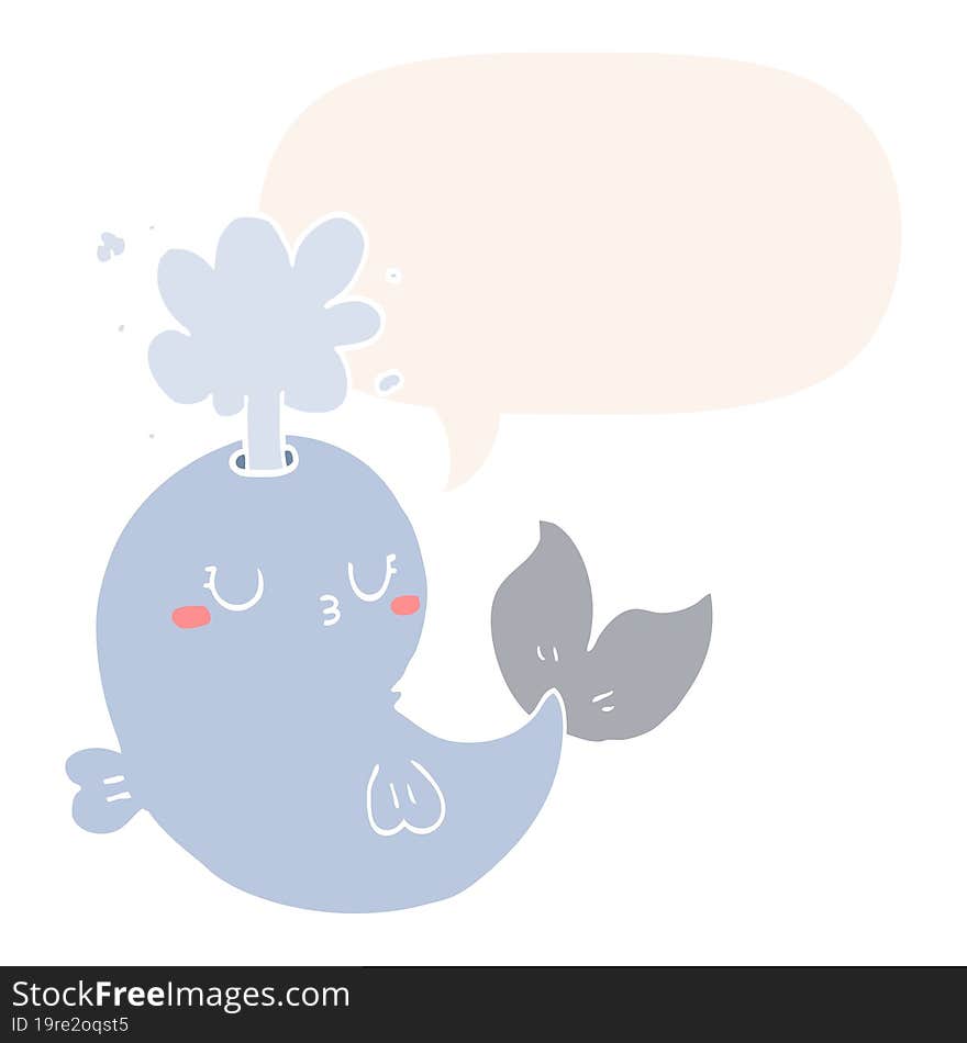 Cartoon Whale Spouting Water And Speech Bubble In Retro Style