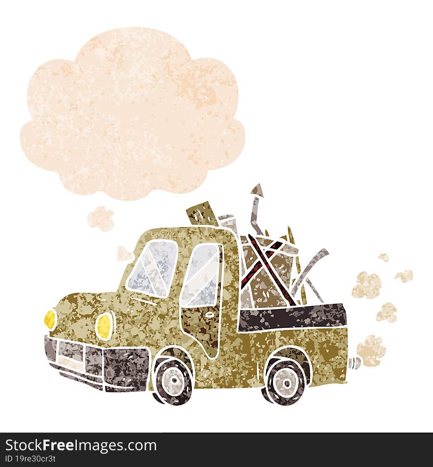 cartoon old truck and thought bubble in retro textured style