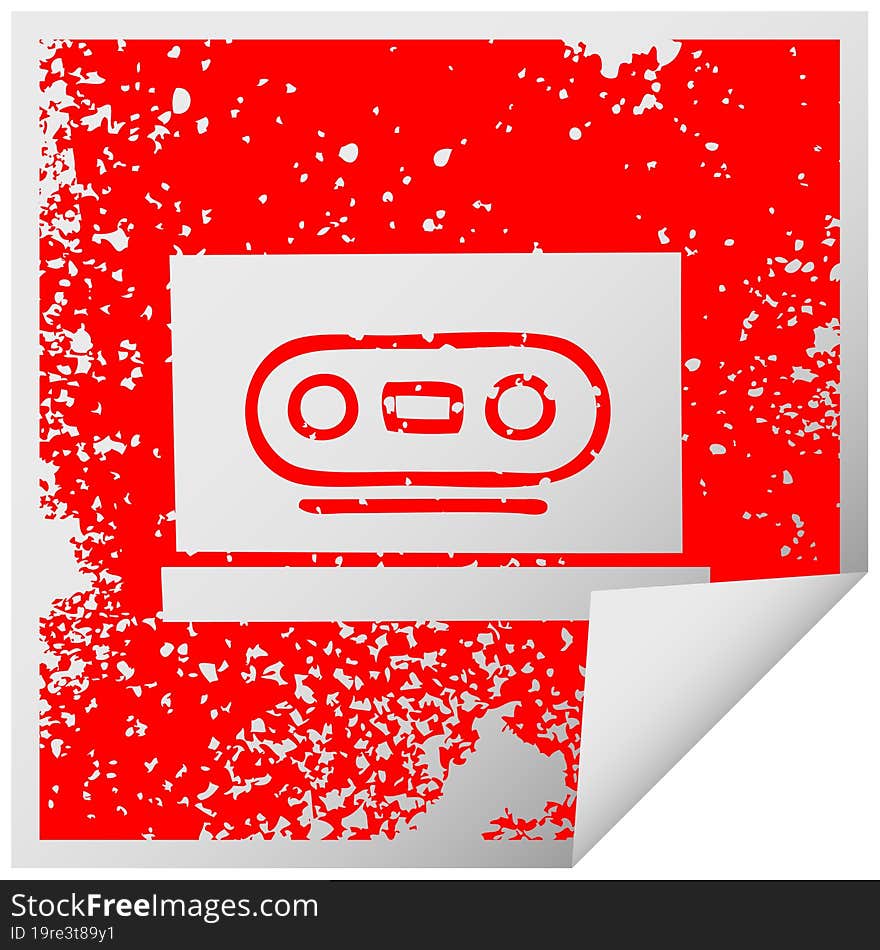 distressed square peeling sticker symbol of a retro cassette