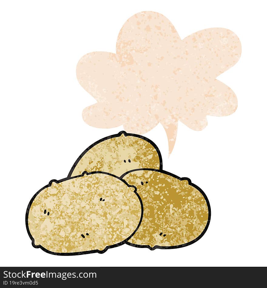 cartoon potatoes with speech bubble in grunge distressed retro textured style. cartoon potatoes with speech bubble in grunge distressed retro textured style