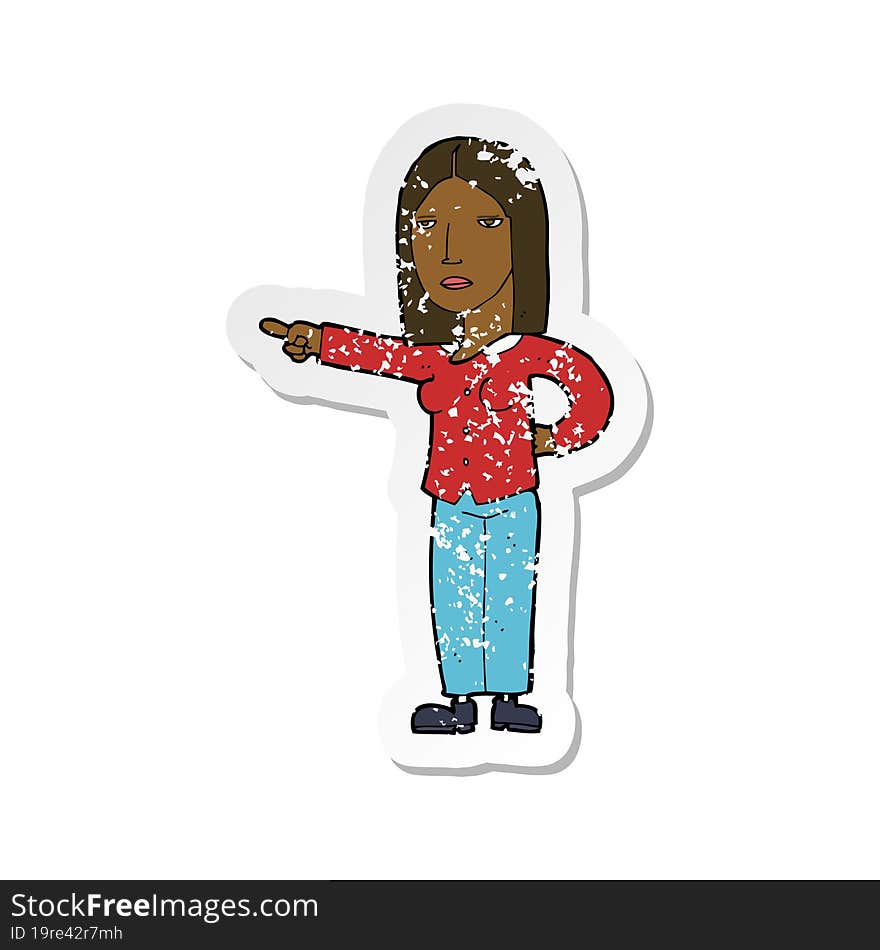 retro distressed sticker of a cartoon woman pointing