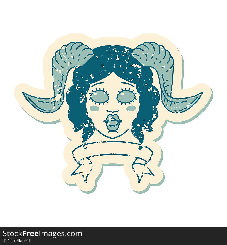 tiefling character face with scroll banner illustration