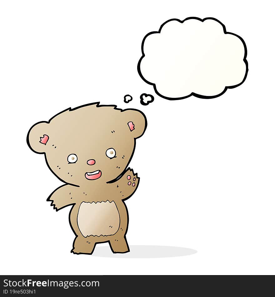 cartoon waving teddy bear with thought bubble