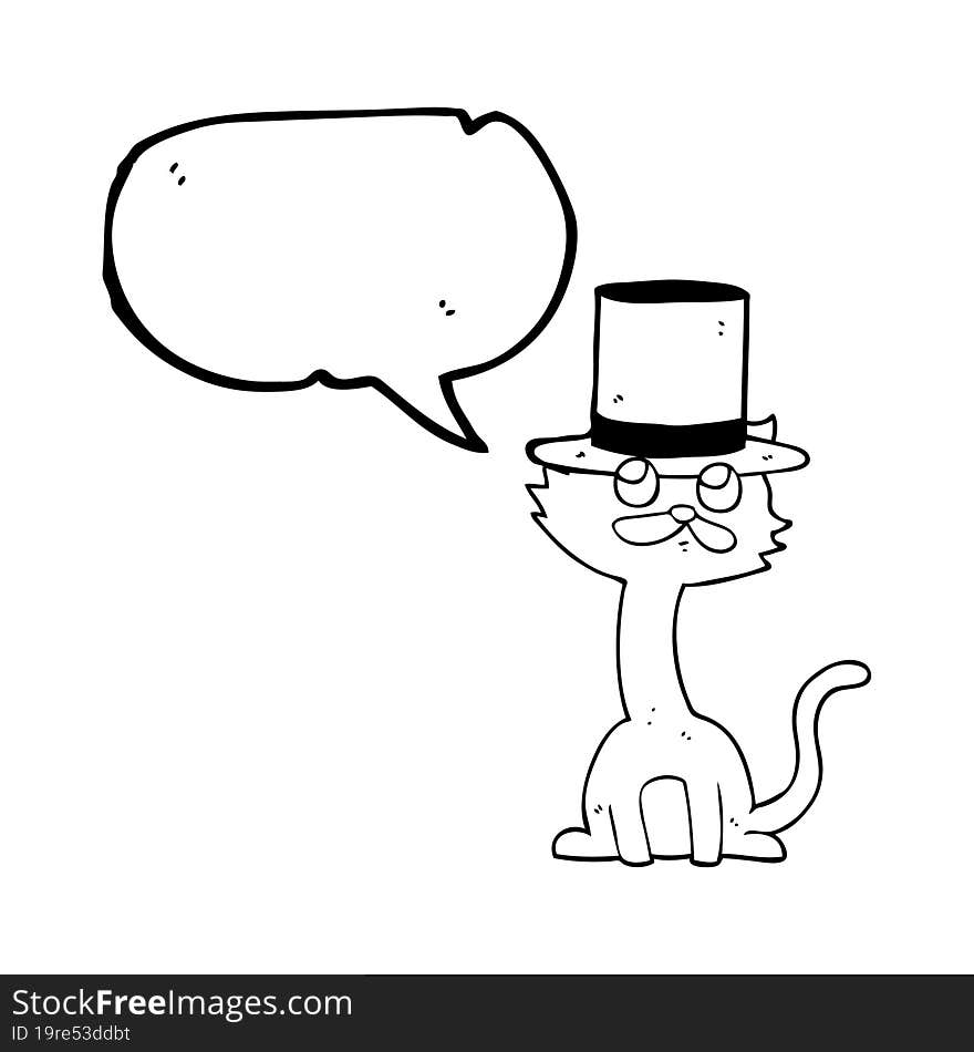 freehand drawn speech bubble cartoon cat in top hat