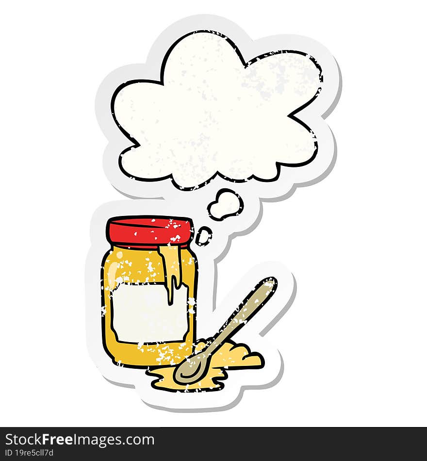 cartoon jar of honey and thought bubble as a distressed worn sticker