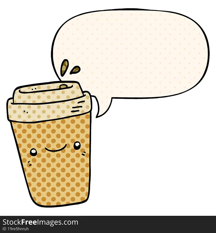 cartoon takeaway coffee with speech bubble in comic book style