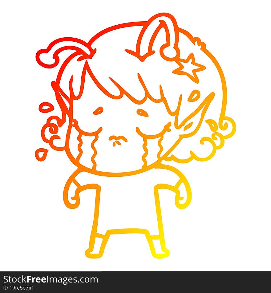 warm gradient line drawing cartoon crying alien girl