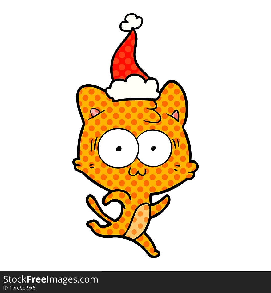 Comic Book Style Illustration Of A Surprised Cat Running Wearing Santa Hat