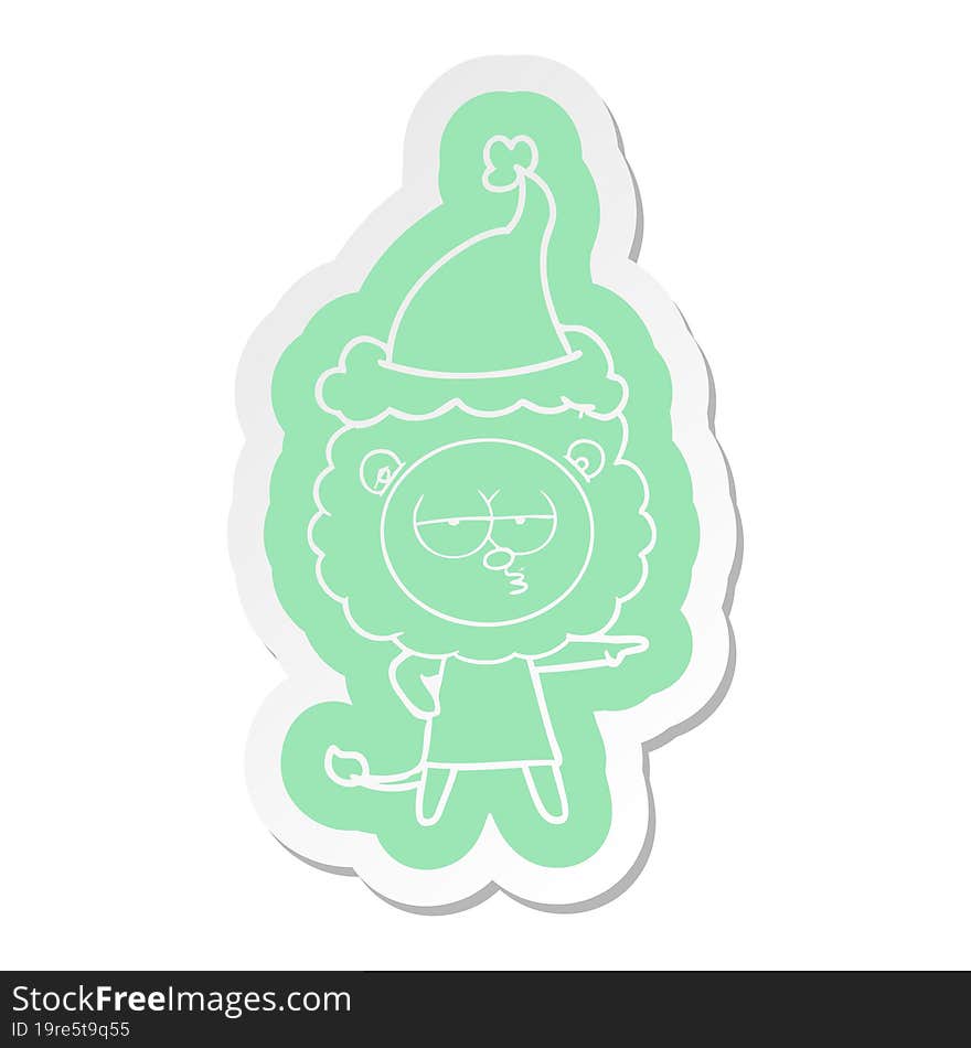 cartoon  sticker of a bored lion wearing santa hat