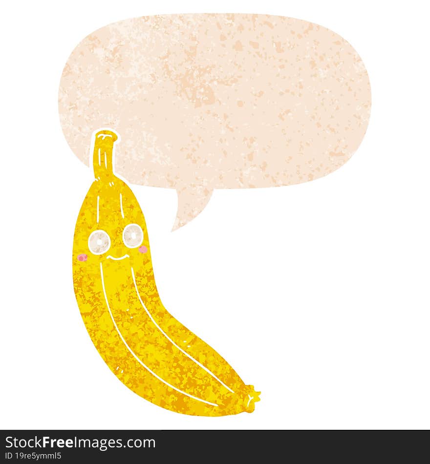 cartoon banana and speech bubble in retro textured style