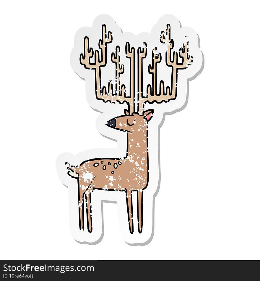 distressed sticker of a cartoon stag with huge antlers