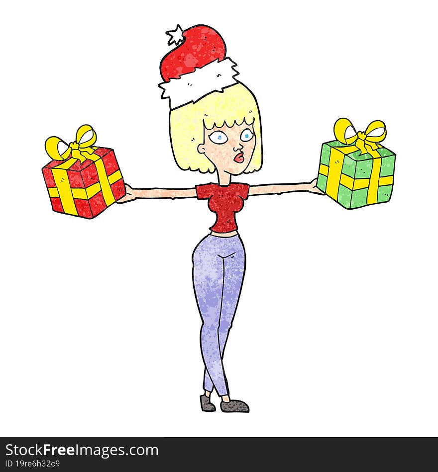 Textured Cartoon Woman With Xmas Presents