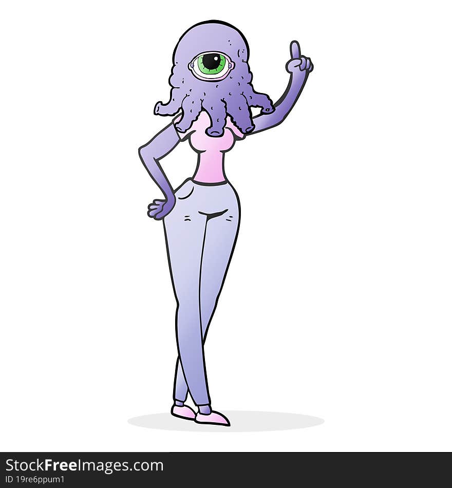 Cartoon Female Alien With Raised Hand