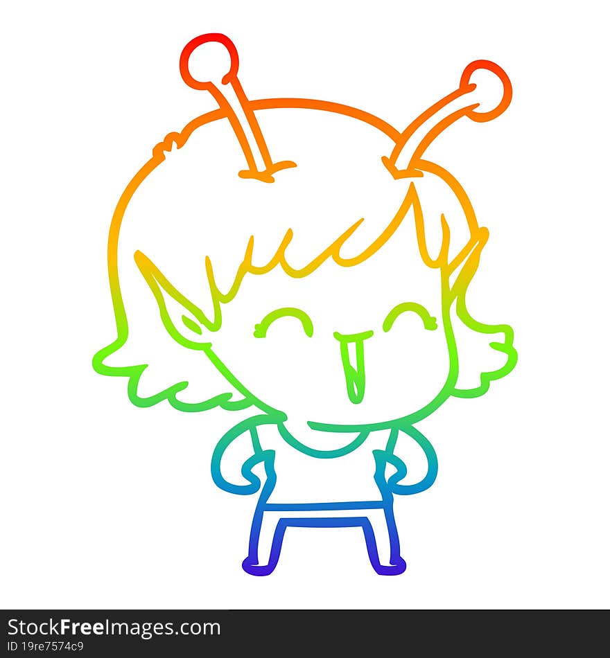 rainbow gradient line drawing of a cartoon alien girl laughing