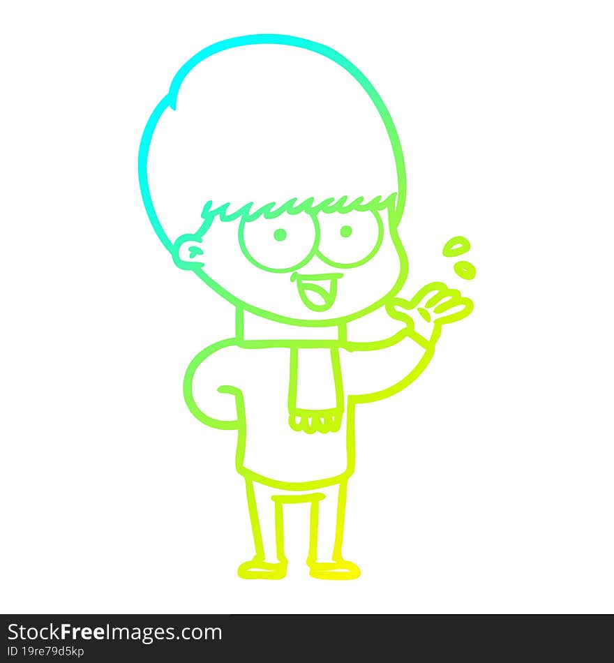 Cold Gradient Line Drawing Happy Cartoon Boy Waving