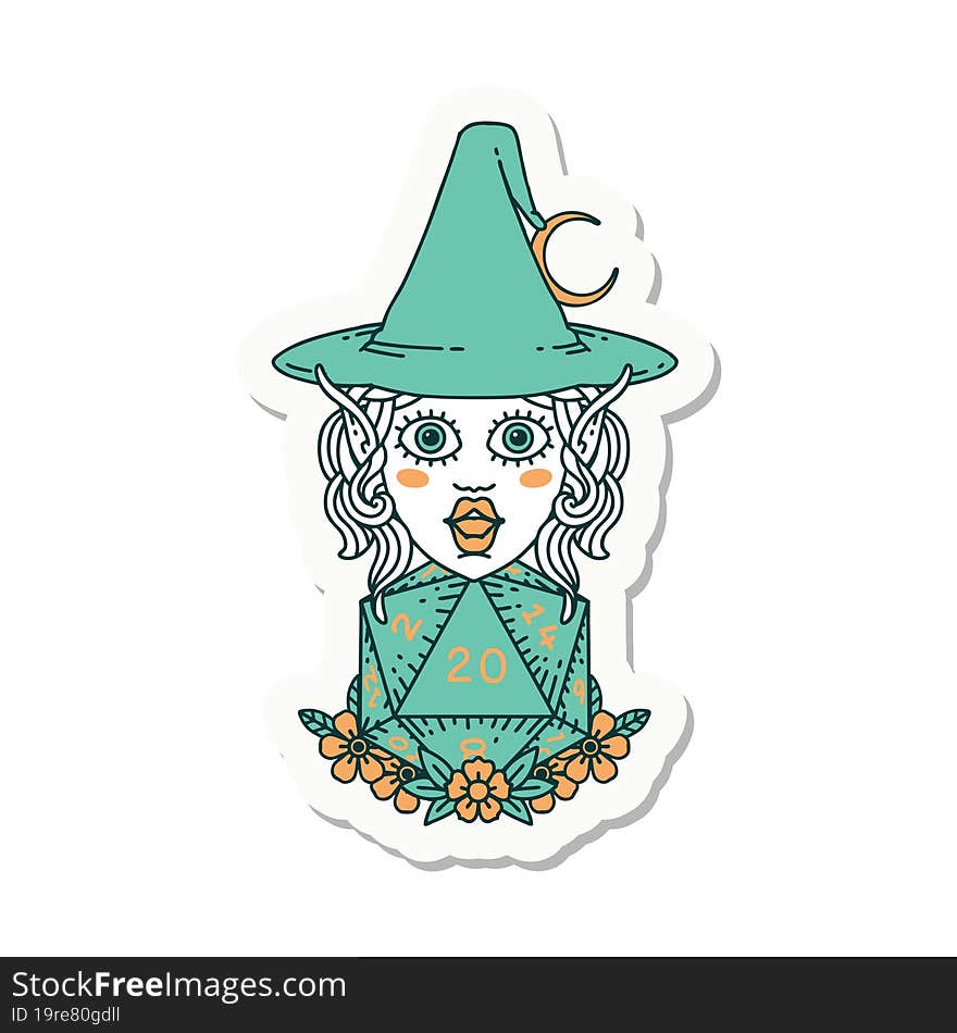 elf mage character with natural twenty dice roll sticker