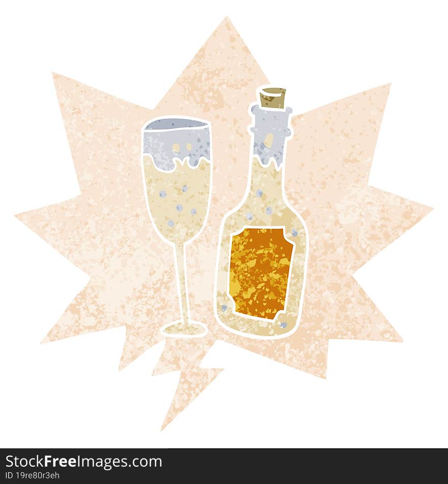 cartoon champagne bottle and glass and speech bubble in retro textured style