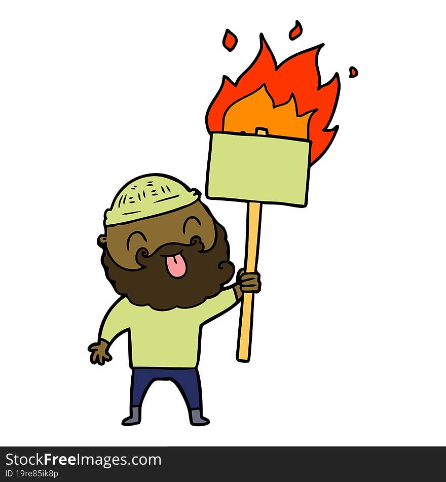 bearded protester cartoon with burning sign. bearded protester cartoon with burning sign