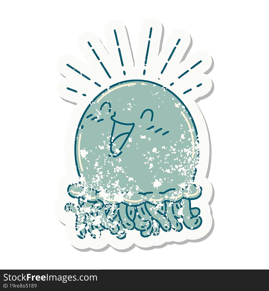 grunge sticker of tattoo style happy jellyfish