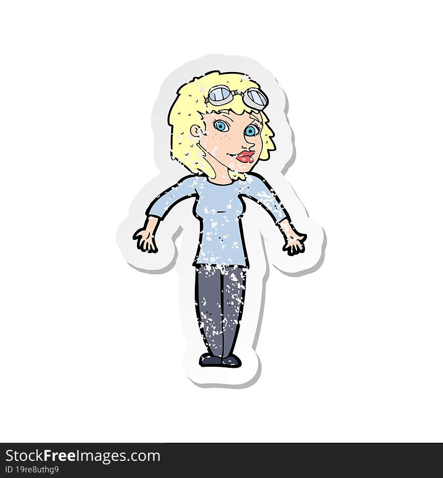 retro distressed sticker of a cartoon woman wearing goggles