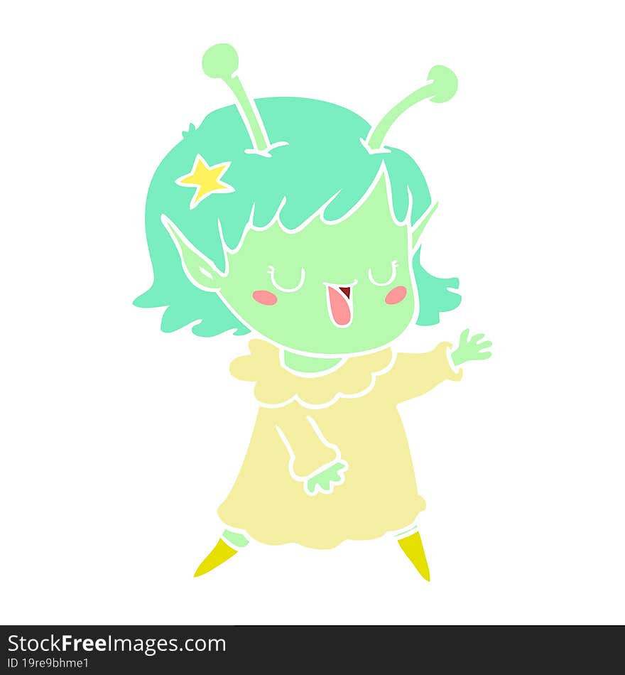 Happy Alien Girl Flat Color Style Cartoon