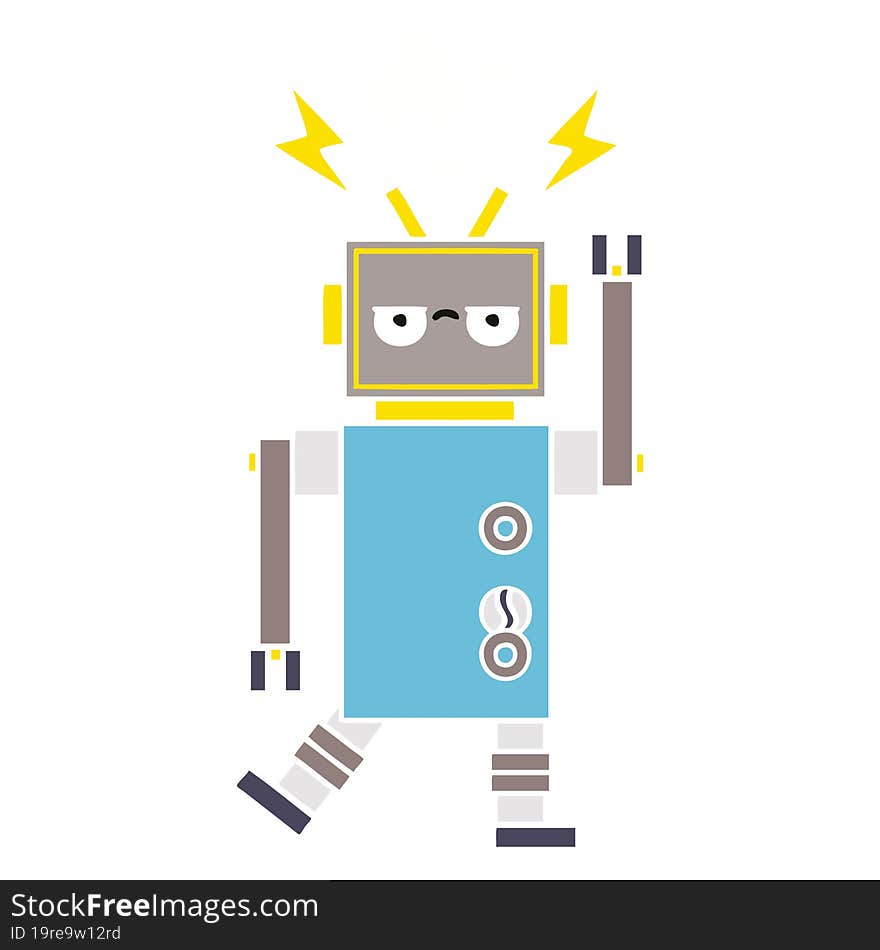 flat color retro cartoon of a malfunctioning robot