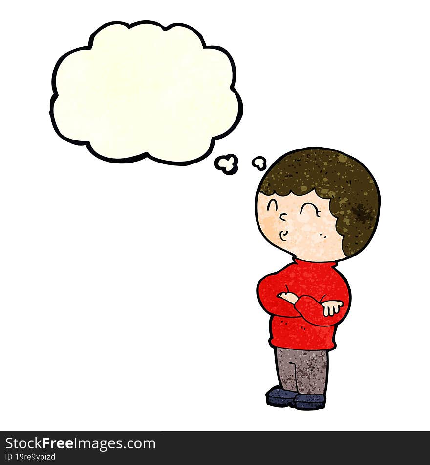 cartoon boy with folded arms with thought bubble