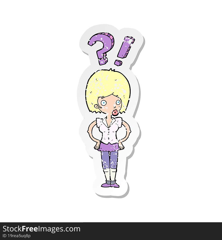 Retro Distressed Sticker Of A Cartoon Woman Asking Question