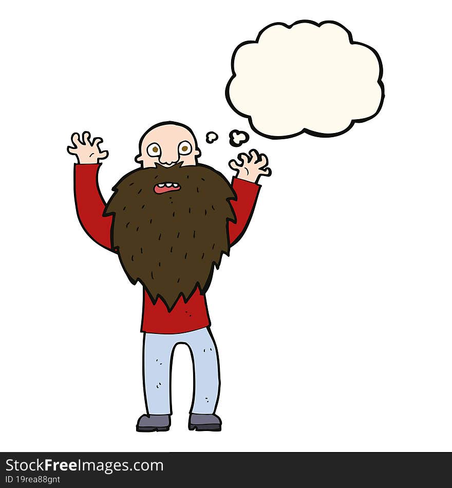 cartoon frightened old man with beard with thought bubble