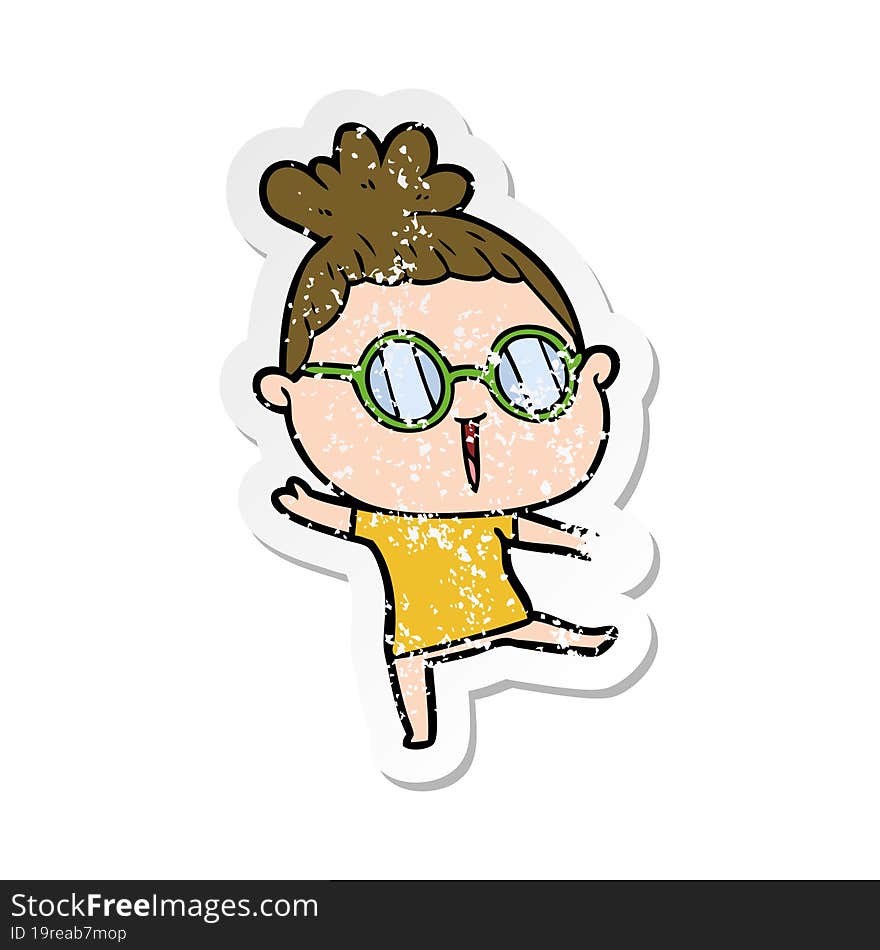 distressed sticker of a cartoon woman wearing spectacles