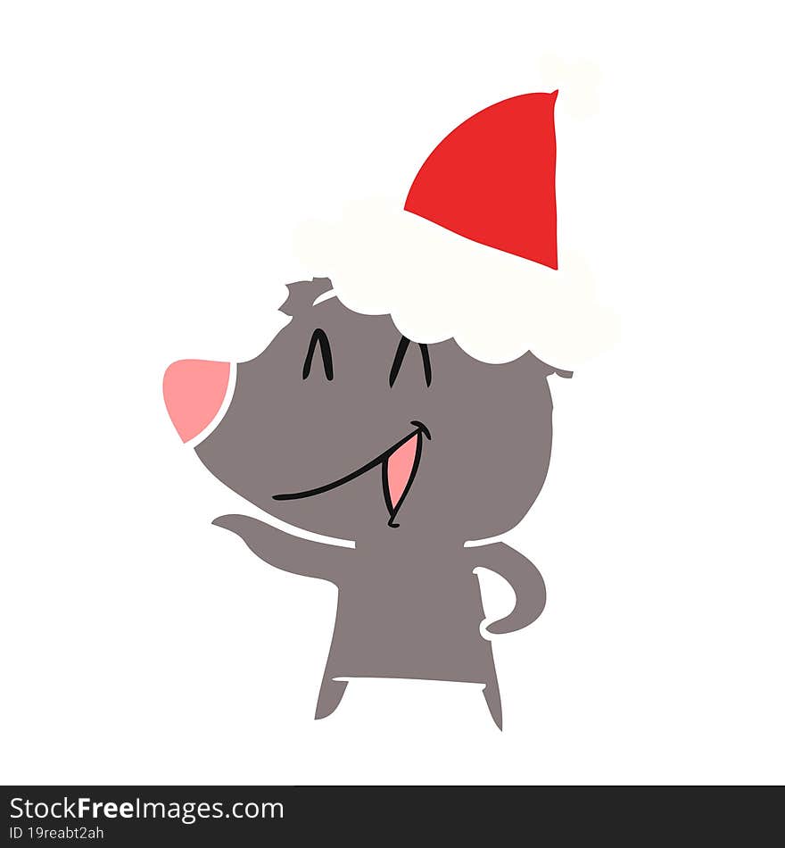 laughing bear hand drawn flat color illustration of a wearing santa hat. laughing bear hand drawn flat color illustration of a wearing santa hat