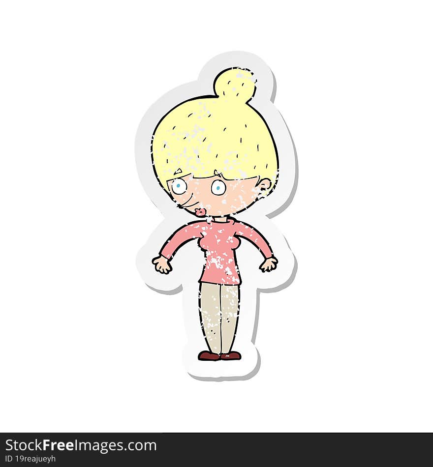 retro distressed sticker of a cartoon woman staring