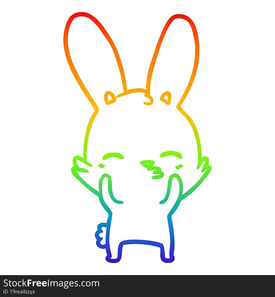 rainbow gradient line drawing of a curious waving bunny cartoon