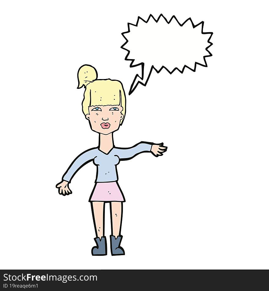 cartoon woman making dismissive gesture with thought bubble