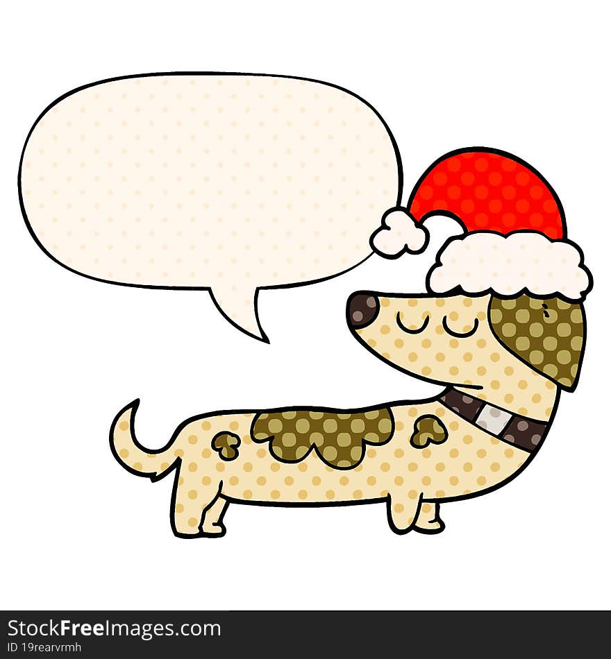 cartoon dog wearing christmas hat with speech bubble in comic book style