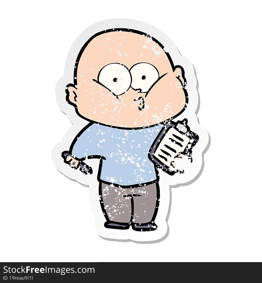 distressed sticker of a cartoon bald man staring