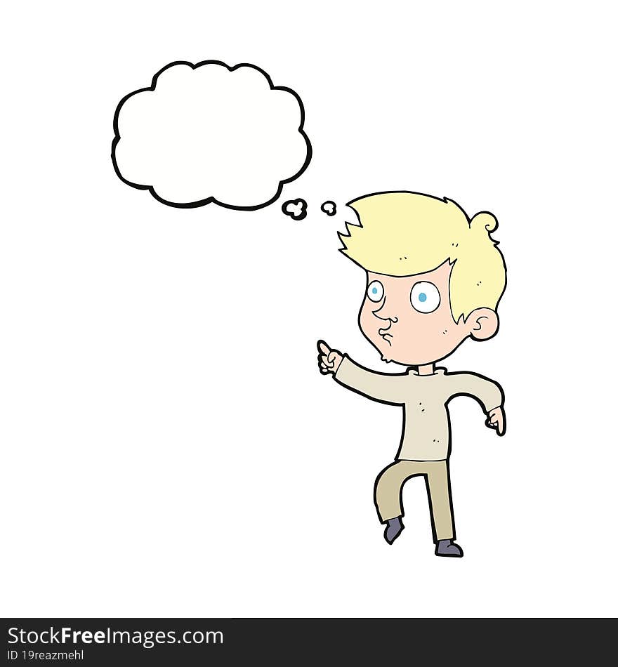 cartoon pointing boy with thought bubble