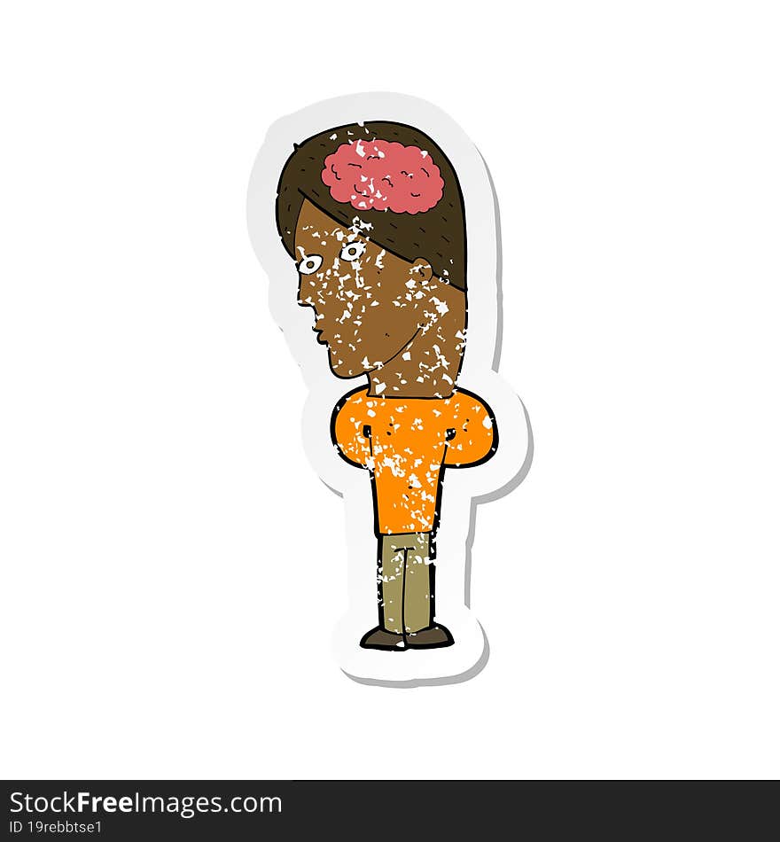 retro distressed sticker of a cartoon man with big brain