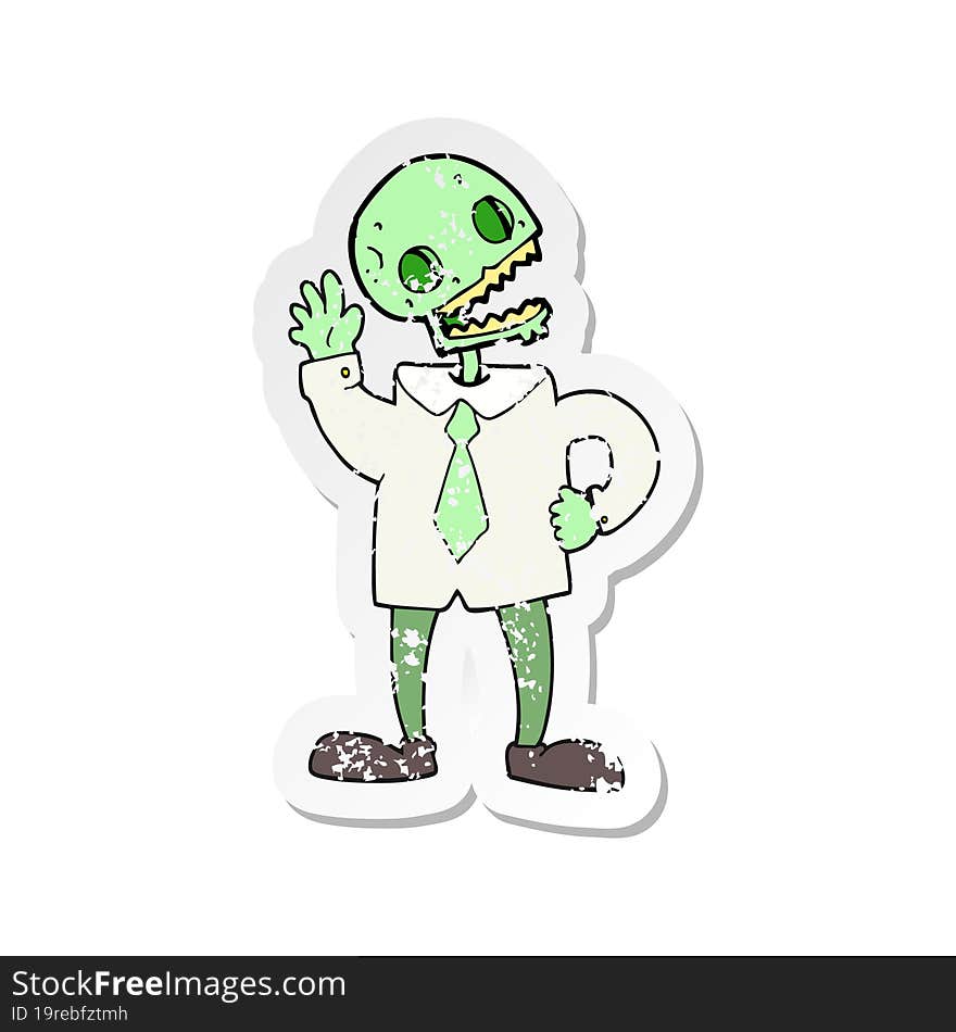 Retro Distressed Sticker Of A Cartoon Zombie Businessman